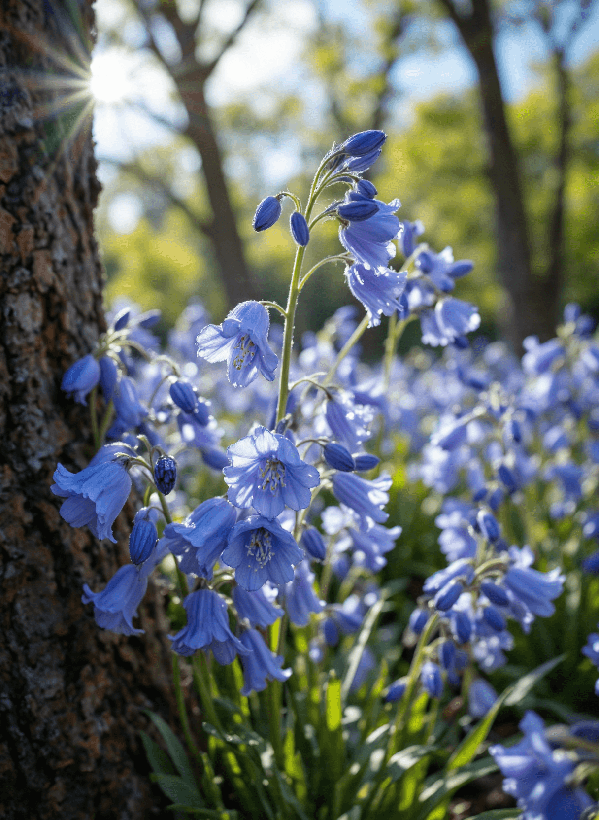 AI generated: The image showcases a close-up view of a cluster of bluebell flowers. The flowers are vibrant and ha...