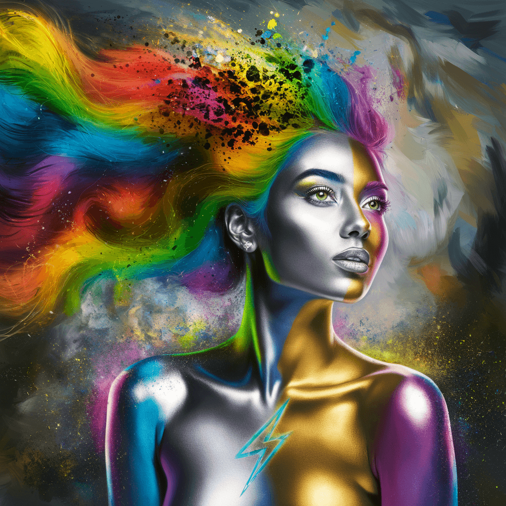 AI generated: Full paint face body portrait of a woman with silver and gold skin on the face and body, blowing ext...