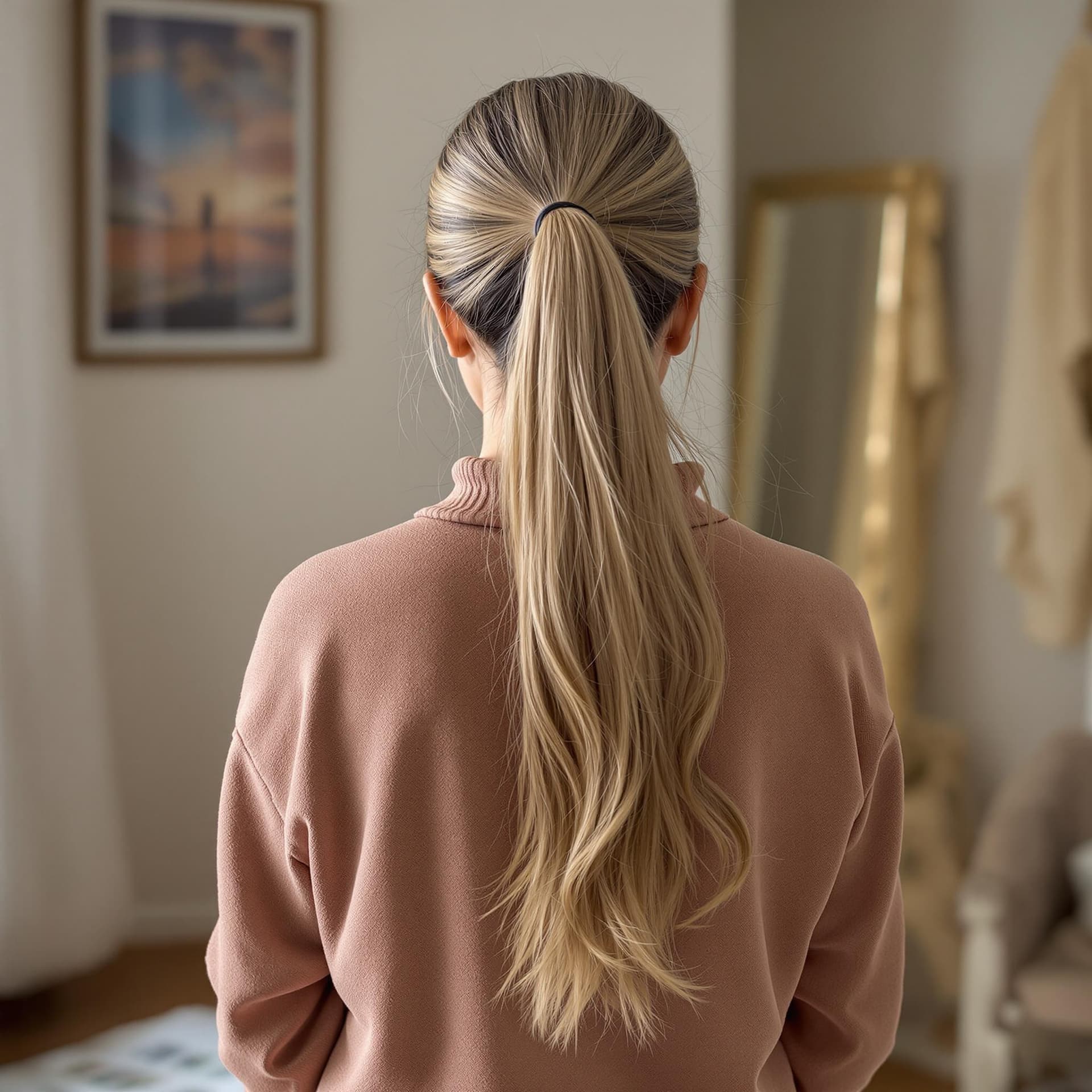 AI generated: wide angle, back angle, Russian mother age 45, in long silky ponytail, standing in her room, hairy n...