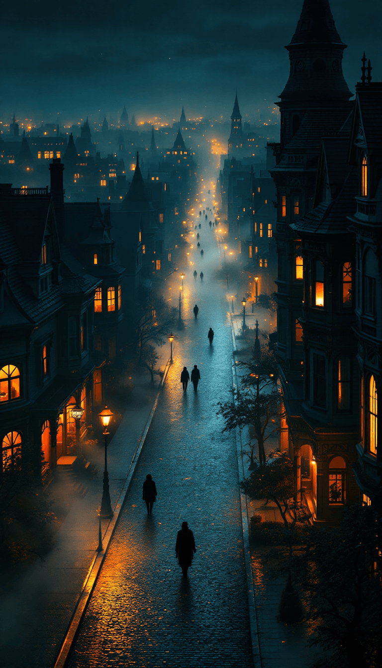 AI generated: An eagle-eye view of a surreal Victorian town, captured at night under a pitch-black, starless sky. ...