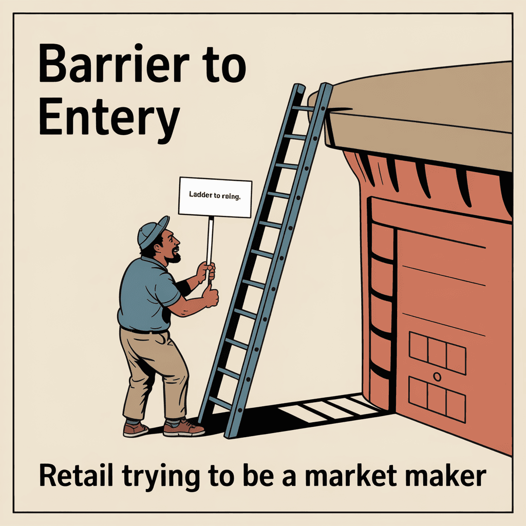 AI generated: “Barrier to Entry” meme — a ladder too short to reach the ledge. Caption: “Retail trying to be a mar...