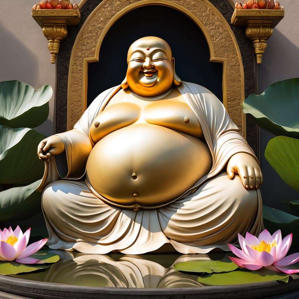 AI generated: epic realistic, a fat laughing buddha as a real person, sitting on a giant lotus blossom, hyper-real...
