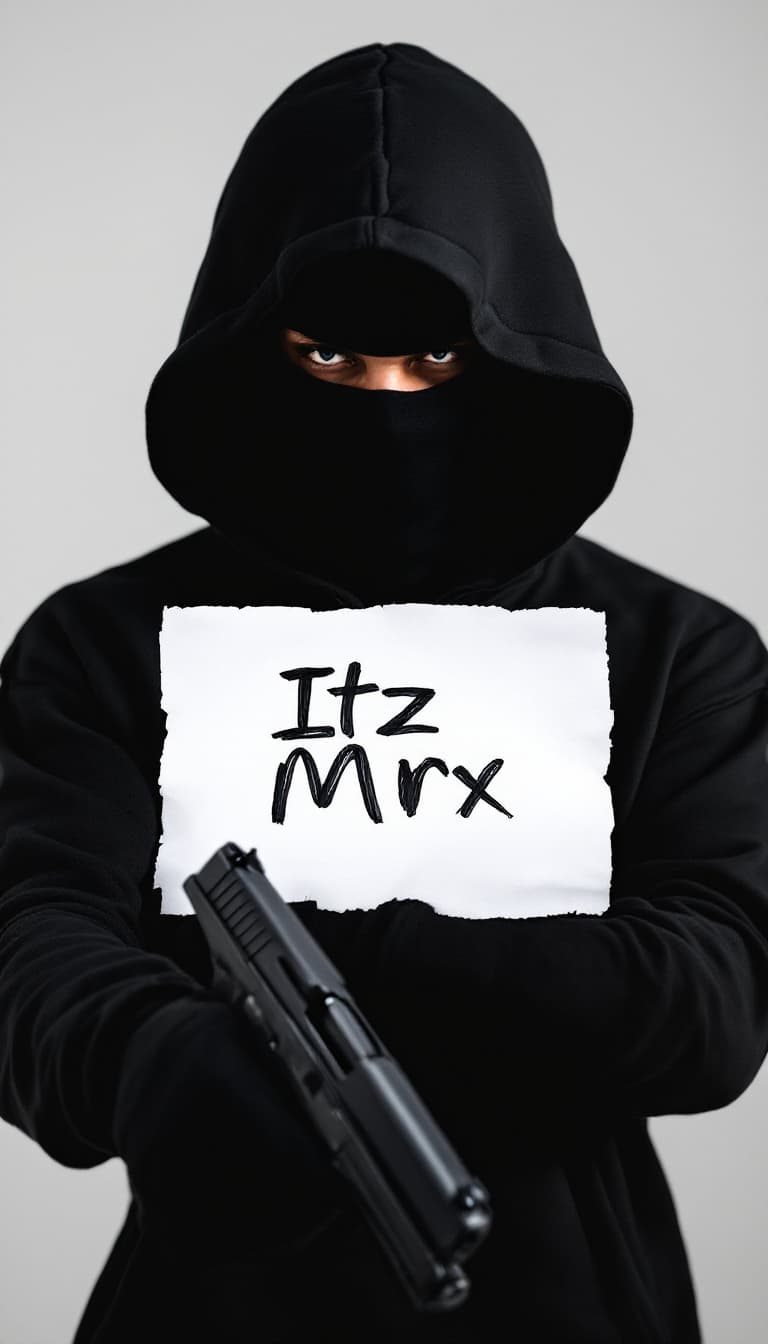 AI generated: man wearing black hoodie holding a peace of paper in the right  saying "Itz Mrx" hand writhed , and ...