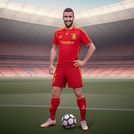 AI generated: pere A.D. Spanish soccer player, dressed in spain´s team soccer uniform, soccer ball, smiling, footb...