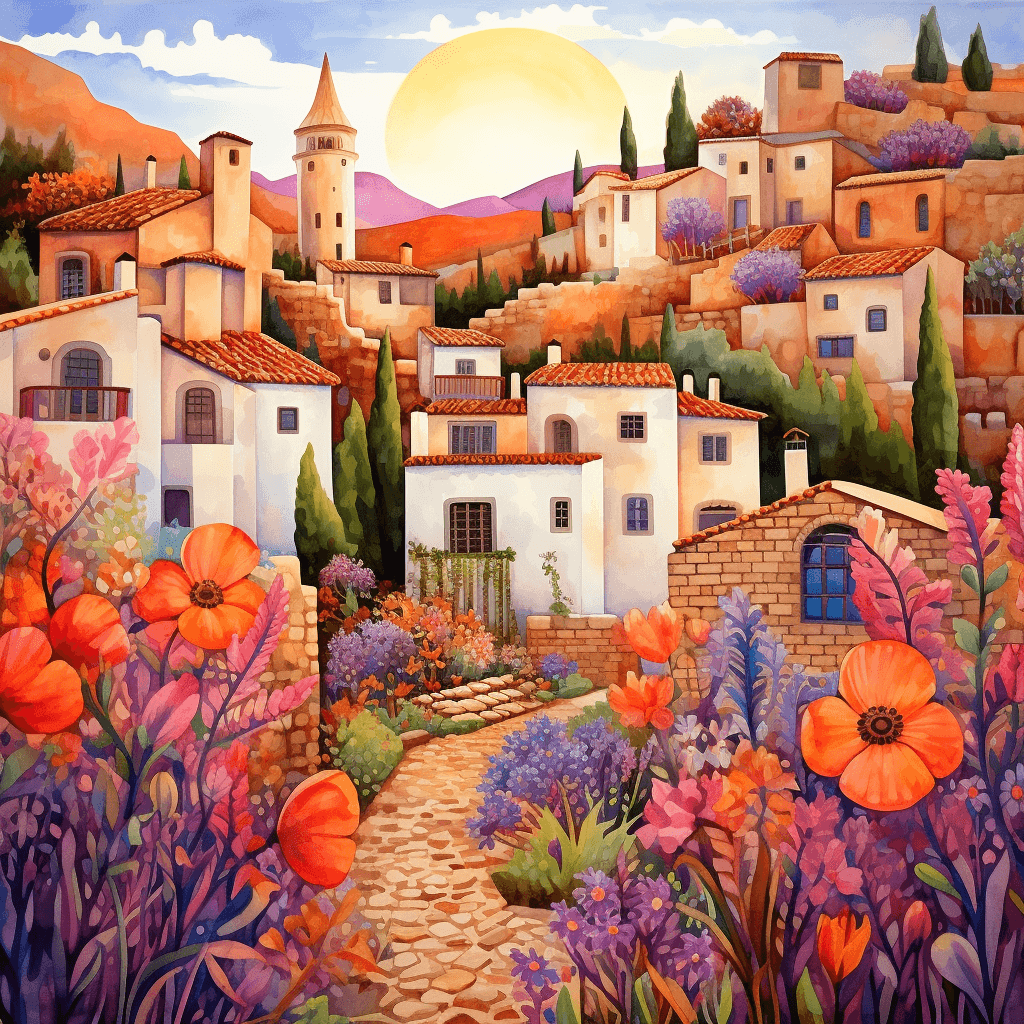 AI generated: Enchantingly beautiful summer landscape of a Spanish village with houses, flowers on the foreground,...
