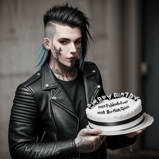 AI generated: photo, heavy metal fan holding a birthday cake, leather jacket, piercings, tattoos