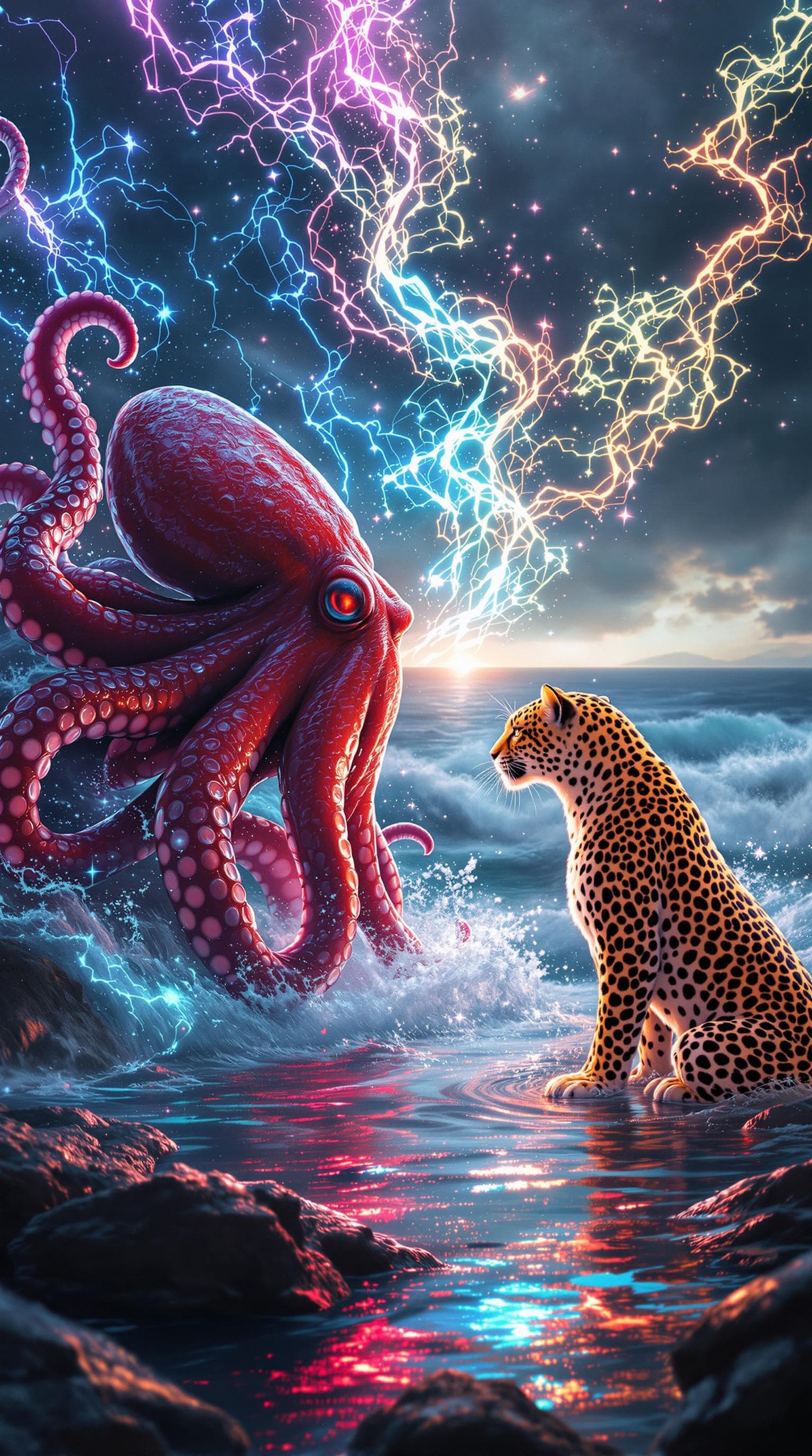 AI generated: A vivid, hyper-detailed image of a red octopus in its full glory emerging from the sea, each tentacl...