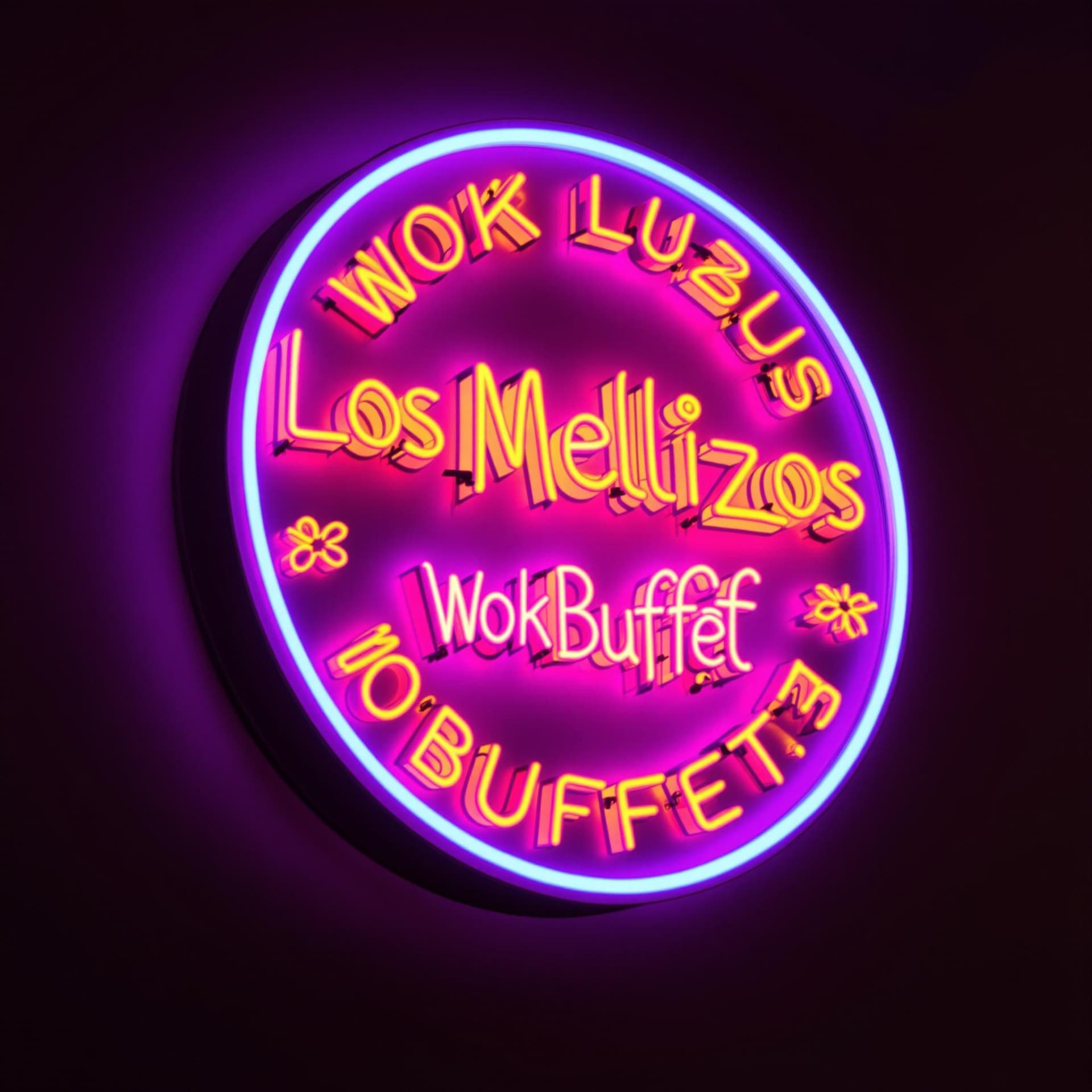 AI generated: 3D neon sign with the text "Los Mellizos Wok Buffet." The sign is a purple circular shape with yello...