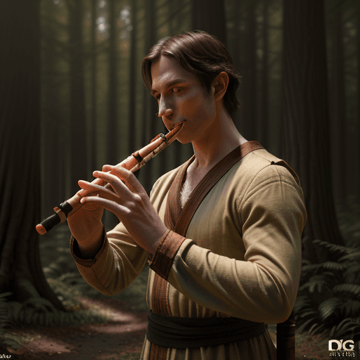 AI generated: an average looking, DnD human, in a forest, plaing a wooden piccolo flute, cinematic light, 4k, phot...