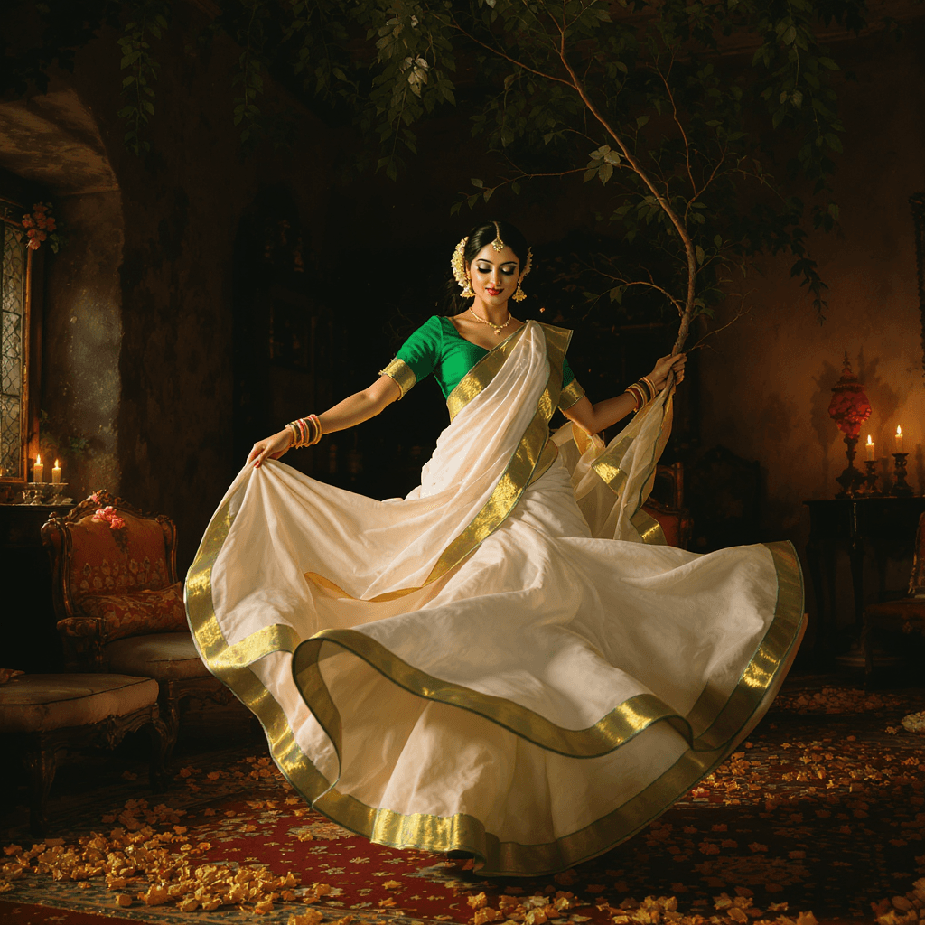AI generated: A beautiful Indian woman in a white sari with a green blouse, twirling her skirt like an ethereal da...