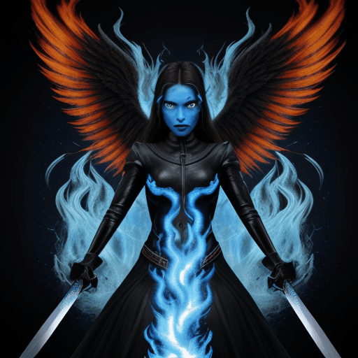 AI generated: face of demon in clouds burning with blue fire in back drop of fire pheonix with bird wings cvovered...