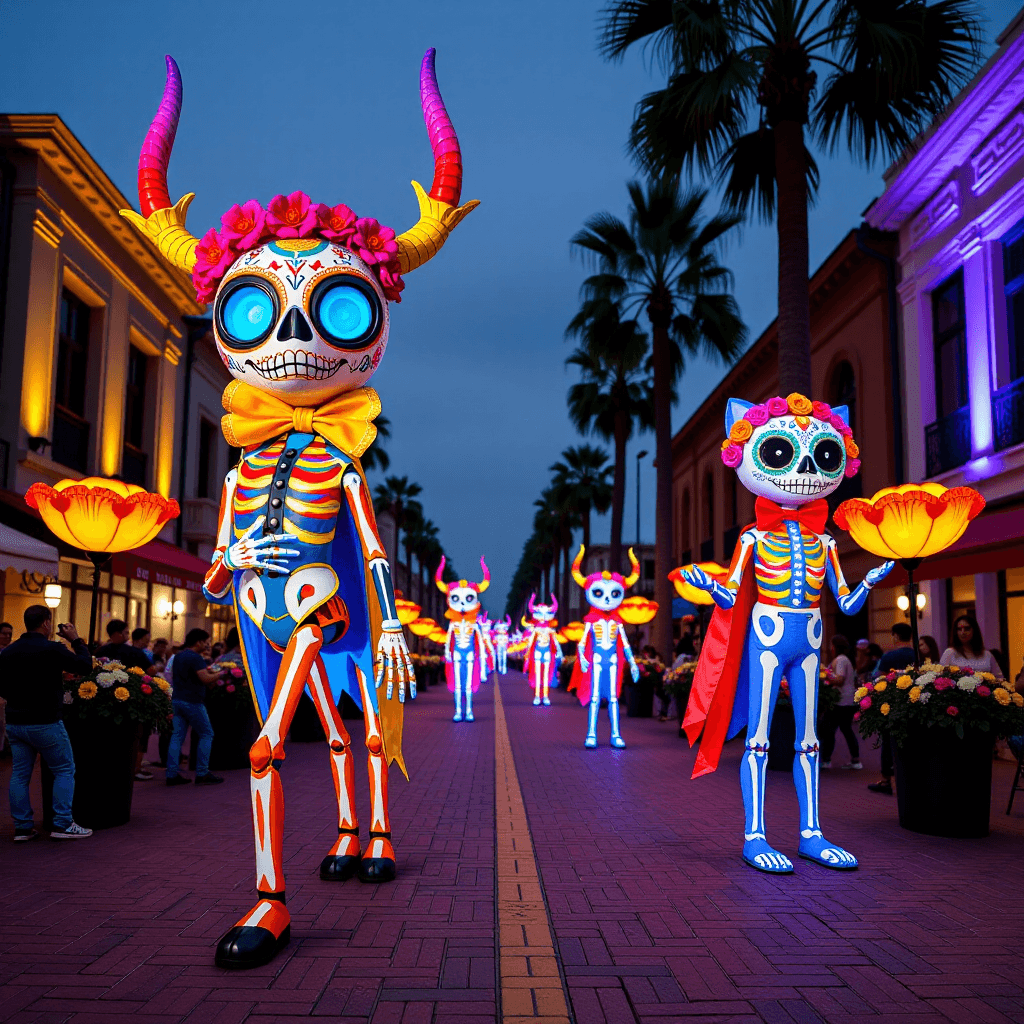 AI generated: "DÃ­a de Muertos in Mexico, reimagined with colossal, spirit animal alebrijes parading through stree...