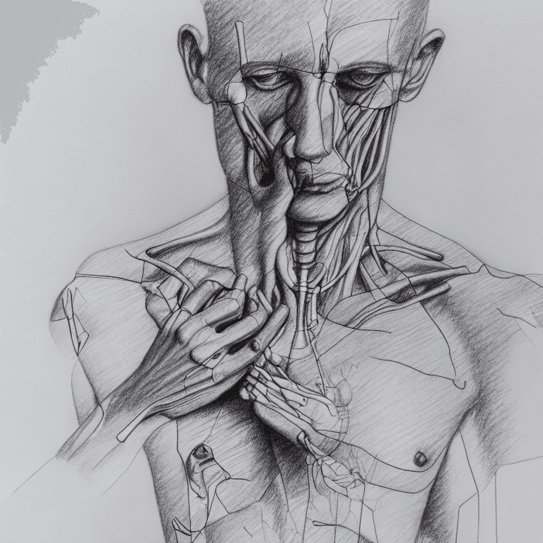 AI generated: pencil illustration, paranoid, annotated, messy, disorganized, whole human figure with Anatomical in...