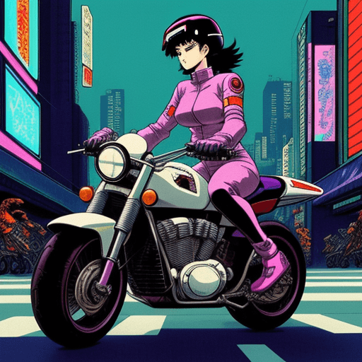 AI generated: a woman wearing helmet, riding motorcycle in the city of neotokyo, akira anime style, 80's anime sty...