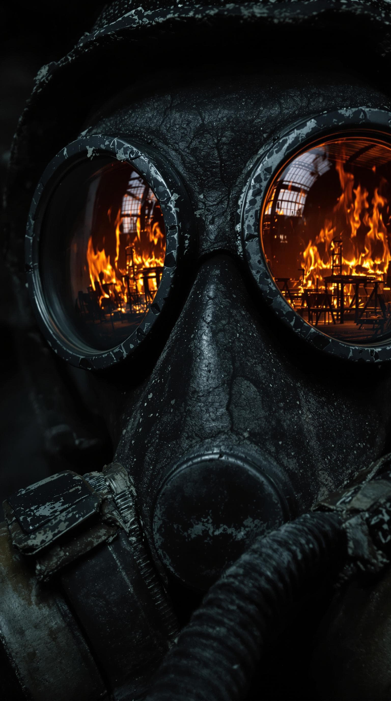AI generated: A close-up shot of a Chernobyl liquidator's gas mask, filling the frame with gritty, realistic detai...