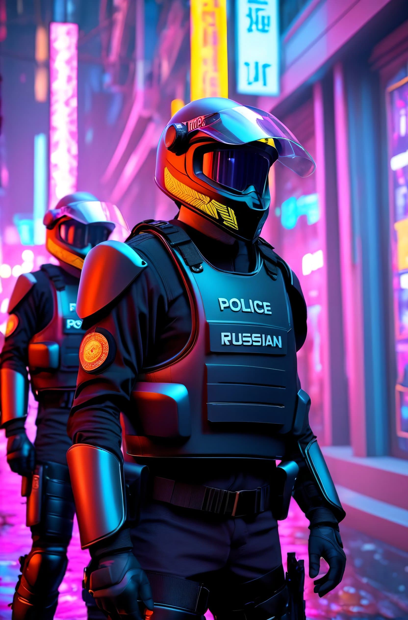 AI generated: (russian Police:1.2) on the street (wearing lite-heavy riot gear:1.2) on a cyberpunk city, advanced ...