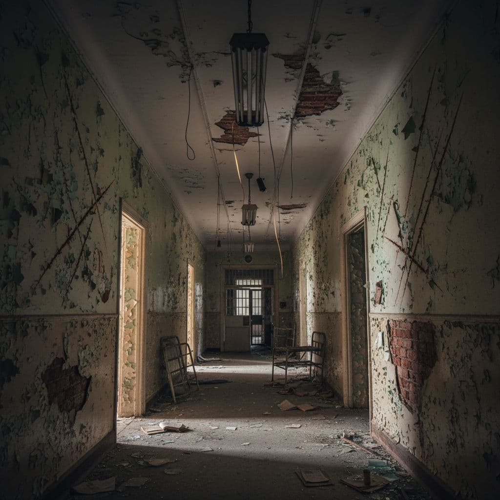 AI generated: A crumbling asylum hallway with flickering lights and scratch marks