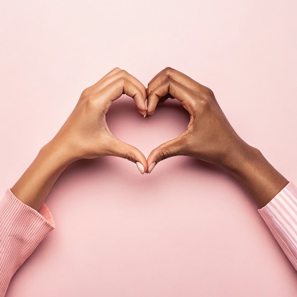 AI generated: Heart shape made with hands, soft pink background, skin tones, gentle gesture, love symbol, minimali...