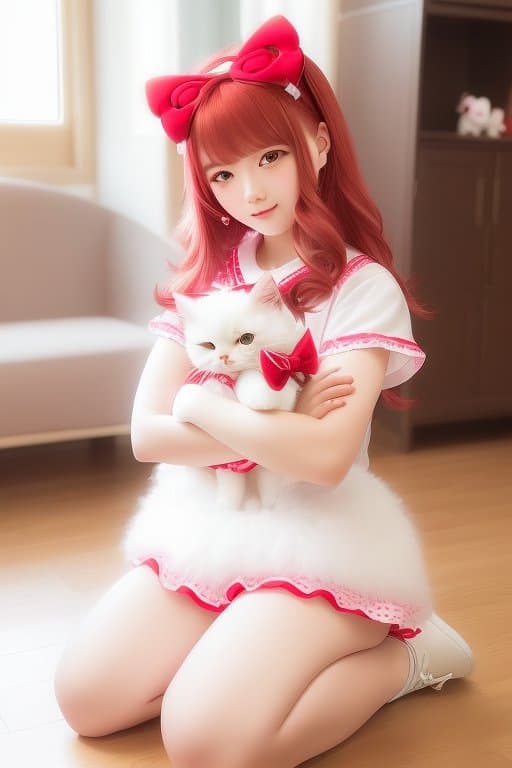 AI generated: hello kitty as a human, sfw, white fluffy hair, red hair bows, cats hello kitty, cute, anime