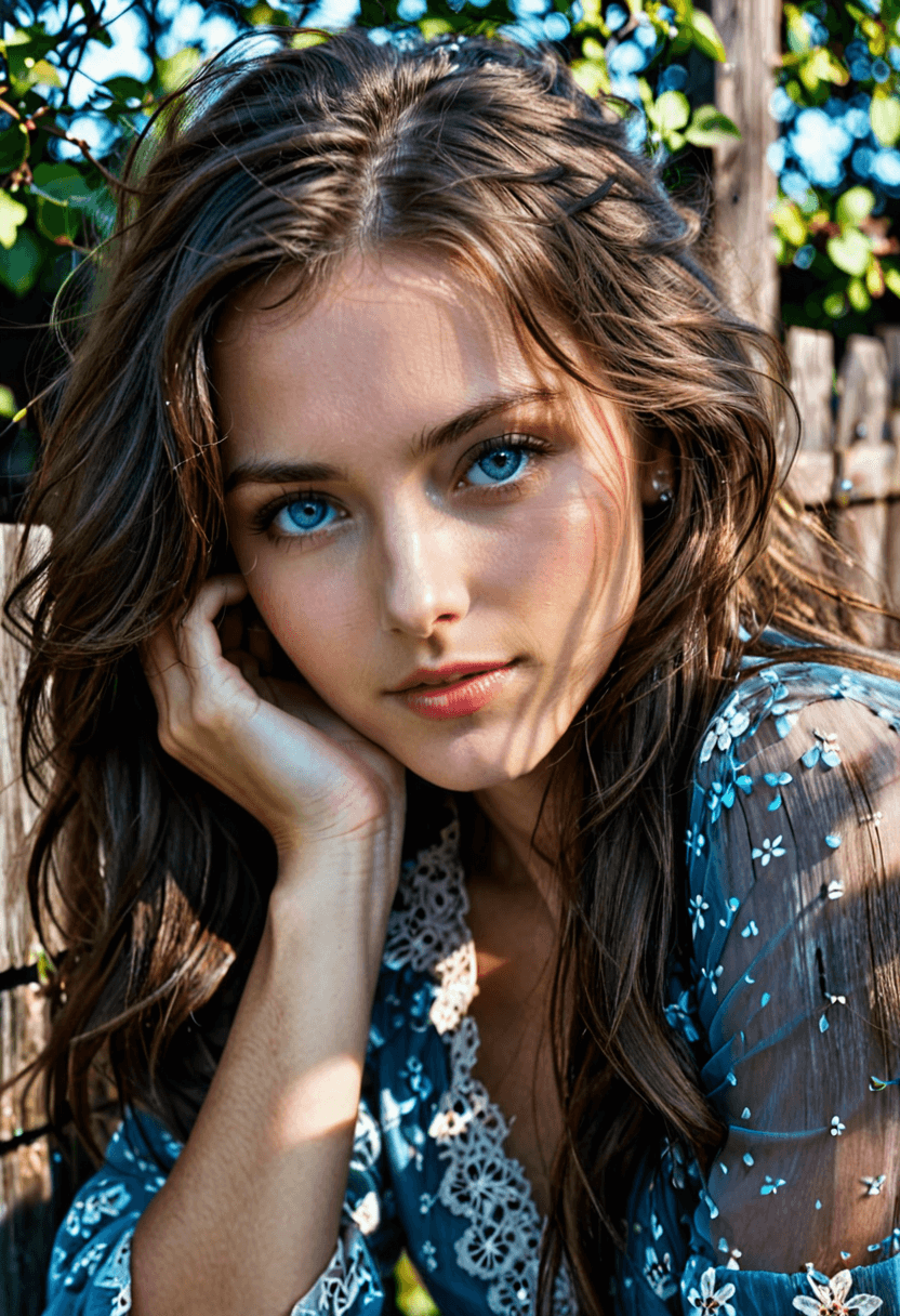 AI generated: cinematic photo gorgeous woman leaning her head up against a darkly stained wooden fence, long tousl...