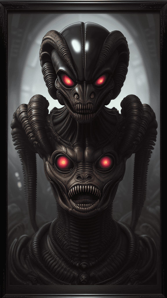 AI generated: complex 8k 16k "Intimidating -inducing Xenomorph rfktrstyle steampunk headshot framed(Alien Card):1....