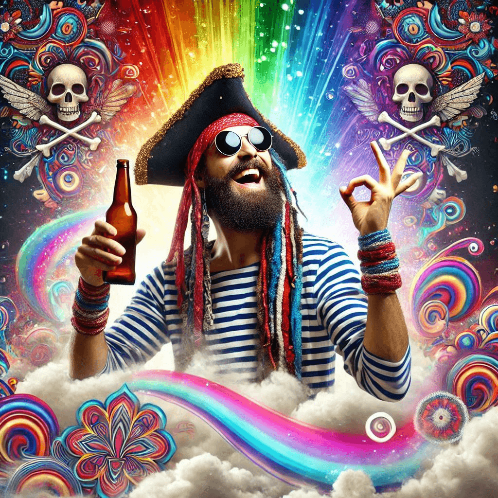 AI generated: A satisfied laughing pirate with a bottle of beer in a cloud of psychedelic rainbow colors and spiri...