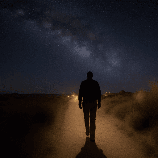 AI generated: hombre caminando,  protegido por una estrella que lo vigila