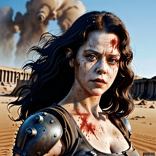 AI generated: portrait of Sigourney Weaver as a mad max post apocalyptic female warrior, strong, muscular, long fl...