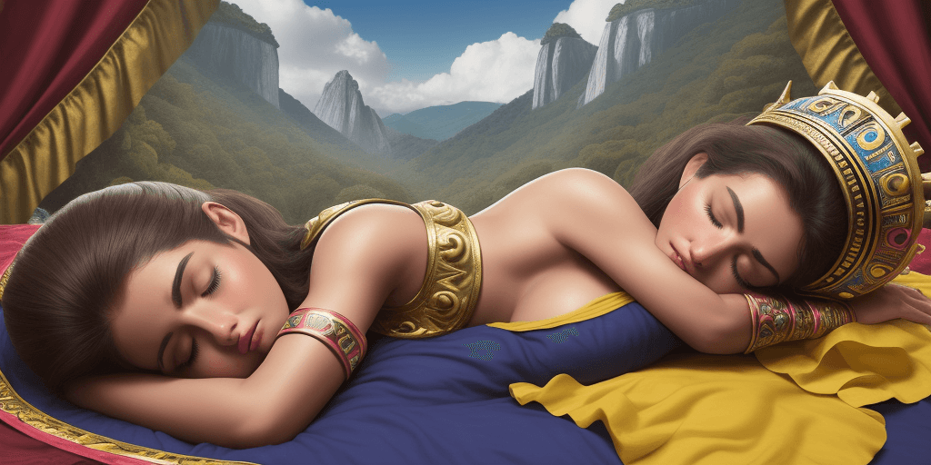 AI generated: princesa azteca hermosa durmiendo boca arriba recostada sobre una montaña vista de cuerpo completo y...