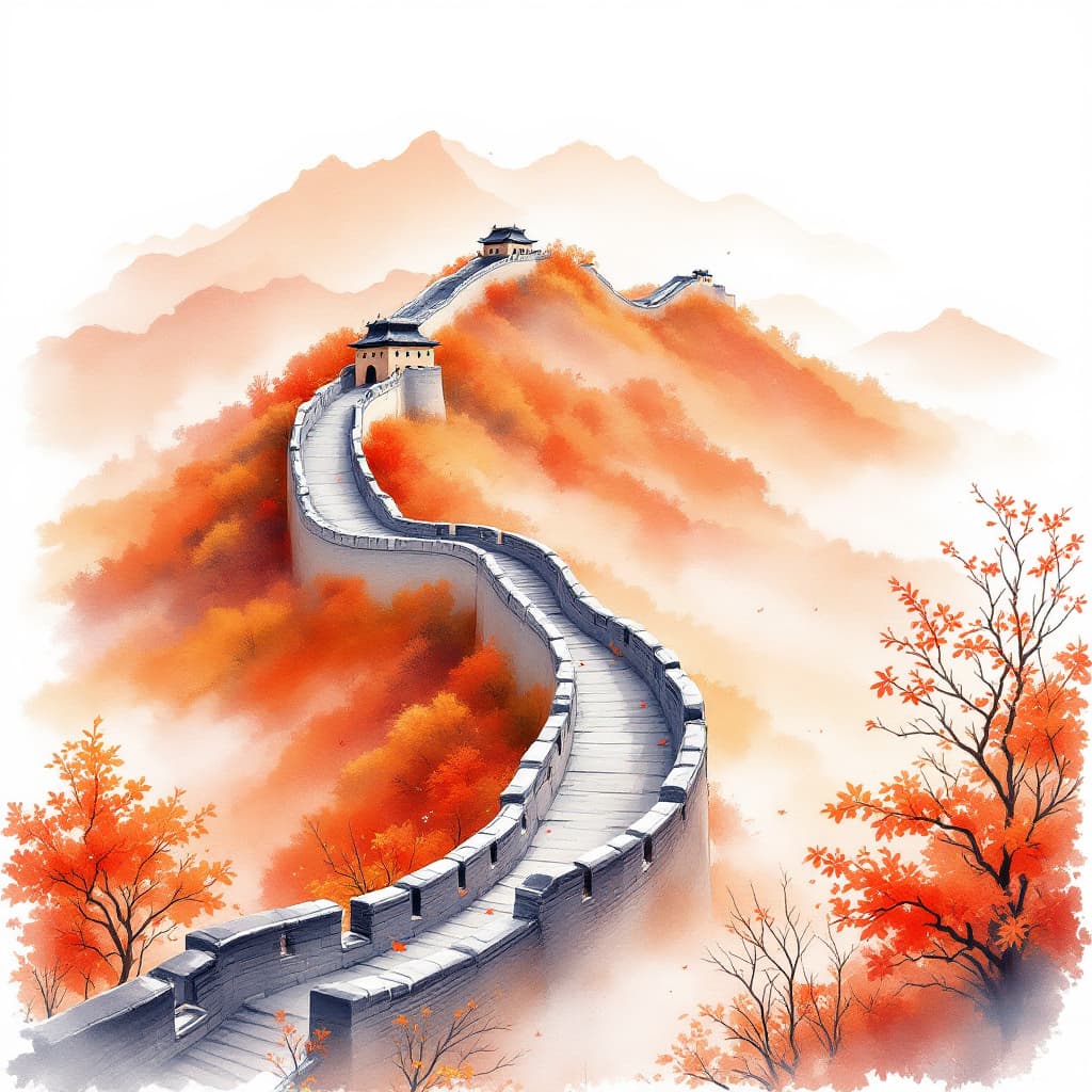 AI generated: watercolor painting of the Great Wall in autumn, in the style of a Chinese ink painting, with an ora...