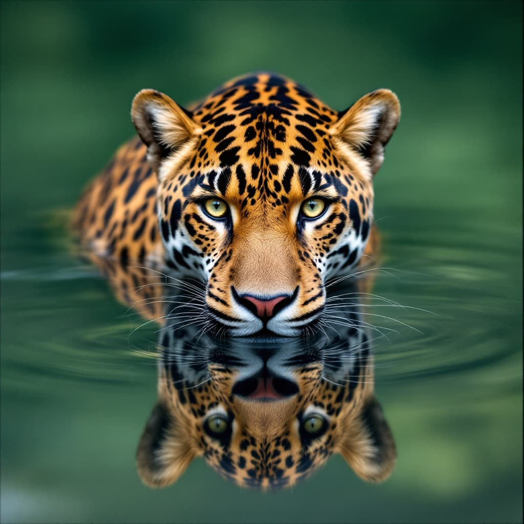 AI generated: A jaguar's head and its reflection in the water are captured in a close-up shot, showcasing the intr...