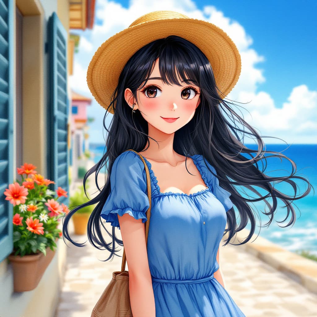 AI generated: An anime girl in a blue dress and straw hat, with long black hair and flowing curly bangs, in the st...