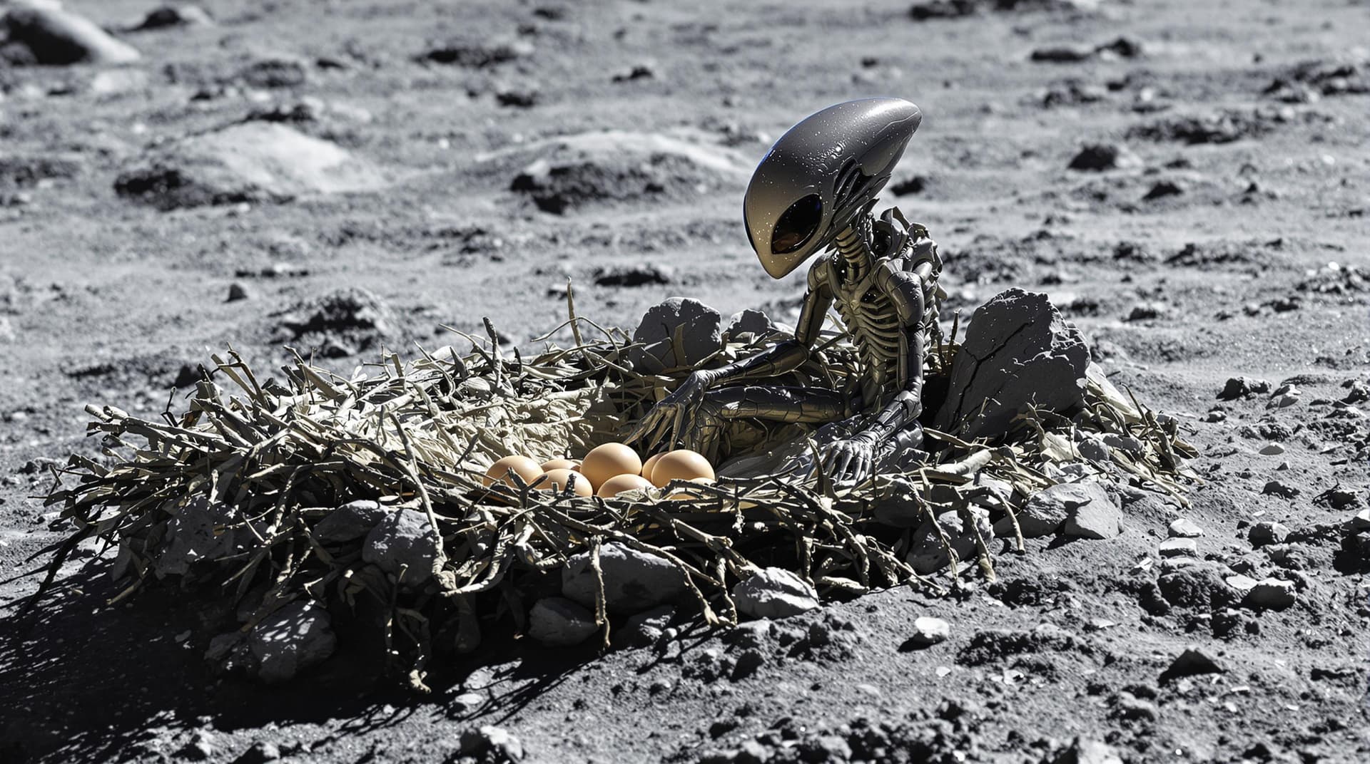 AI generated: a highly realistic alien sat on a nest on the surface of the moon, protecting eggs in the nest, the ...