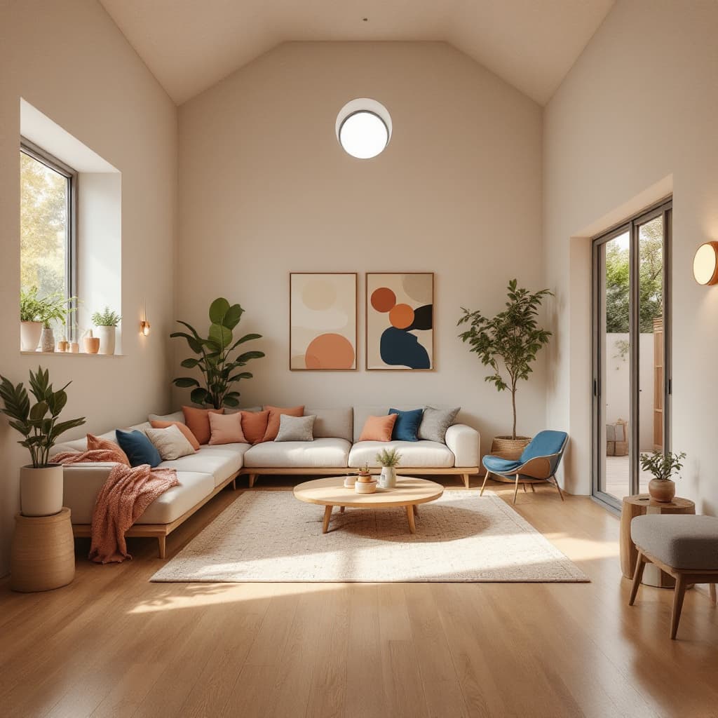 AI generated: High resolution photography interior design, dreamy sunken living room conversation pit, wooden floo...