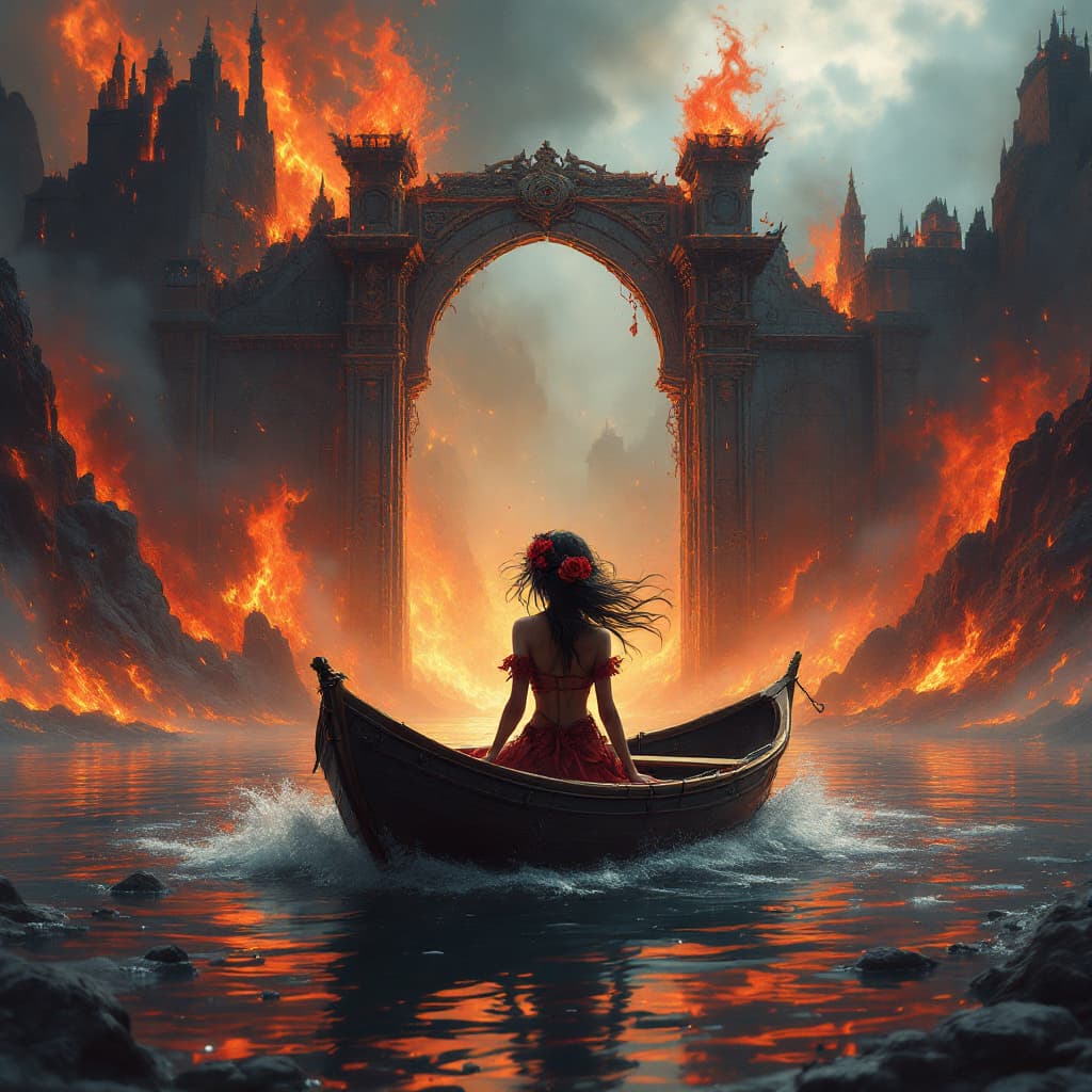AI generated: A rosey cute beautiful girl in a boat floating in hell, In the background are The gates of Hell whic...