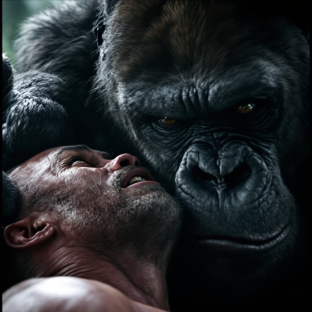 AI generated: A close-up of a gorilla's massive hand gripping the head of a man, capturing the raw intensity and t...