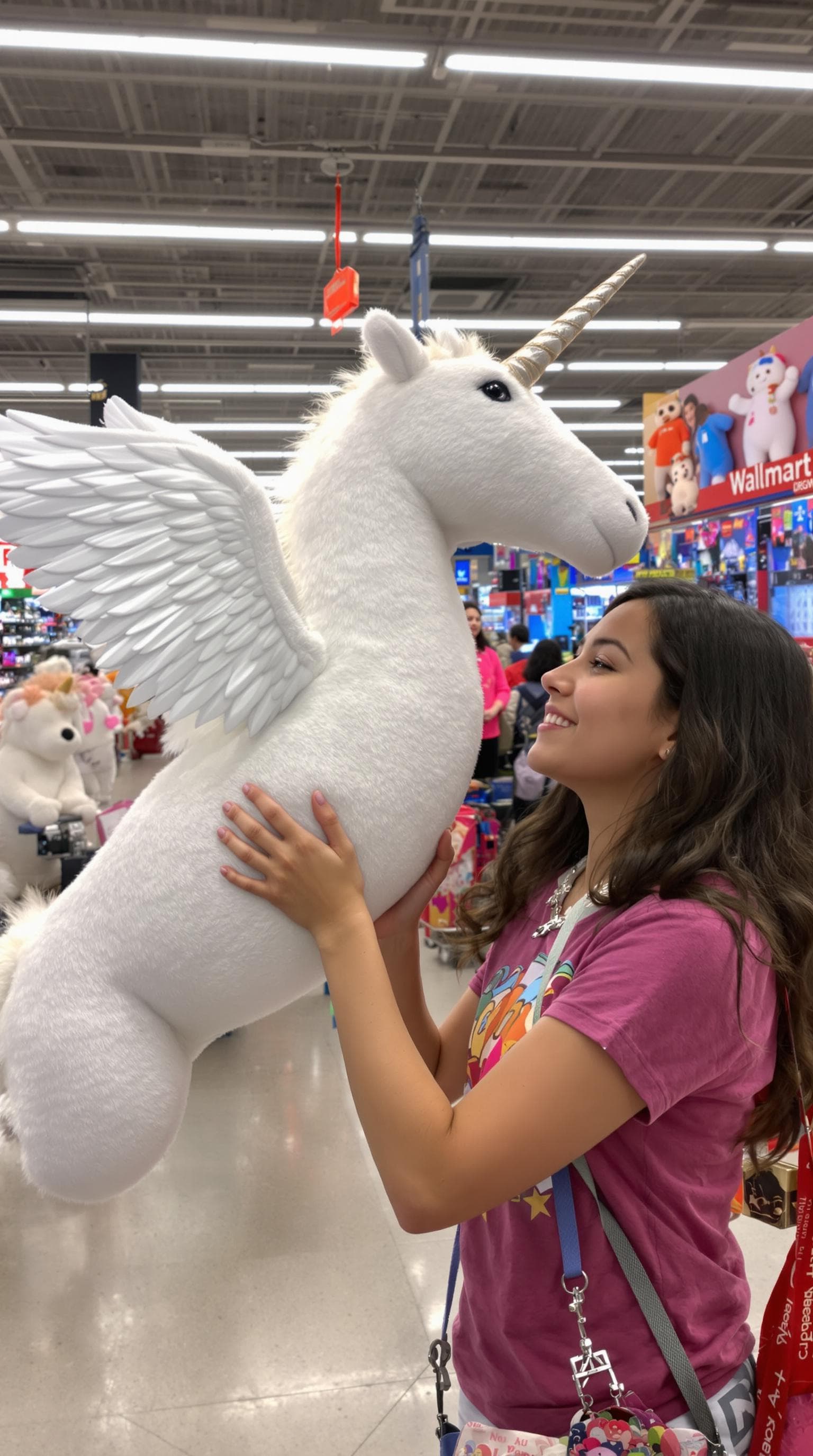 AI generated: A girl holding a white unicorn in her hands, Unicorn has white wings, at Wallmart, 8k, ultra-realist...