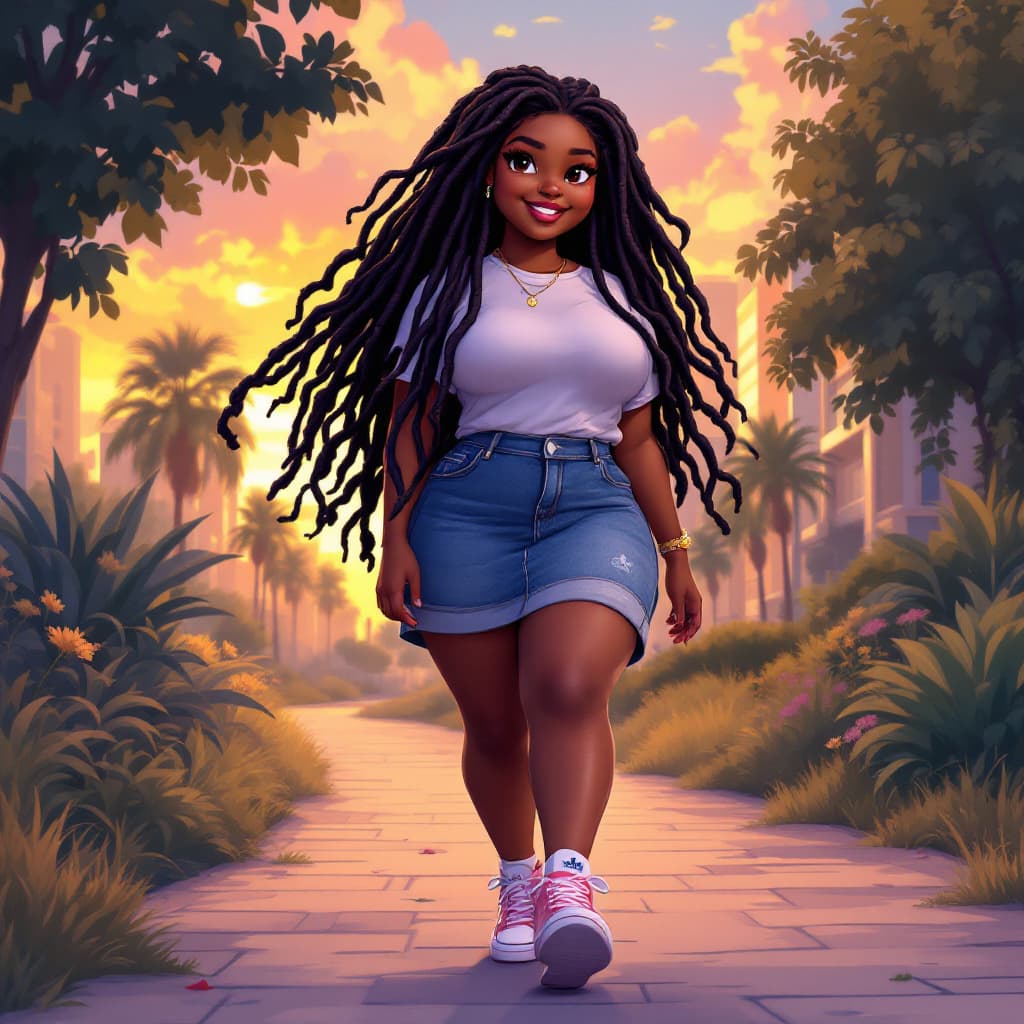 AI generated: An animated image of a short chubby and curvy African girl with brown skin, neat long black dreadloc...