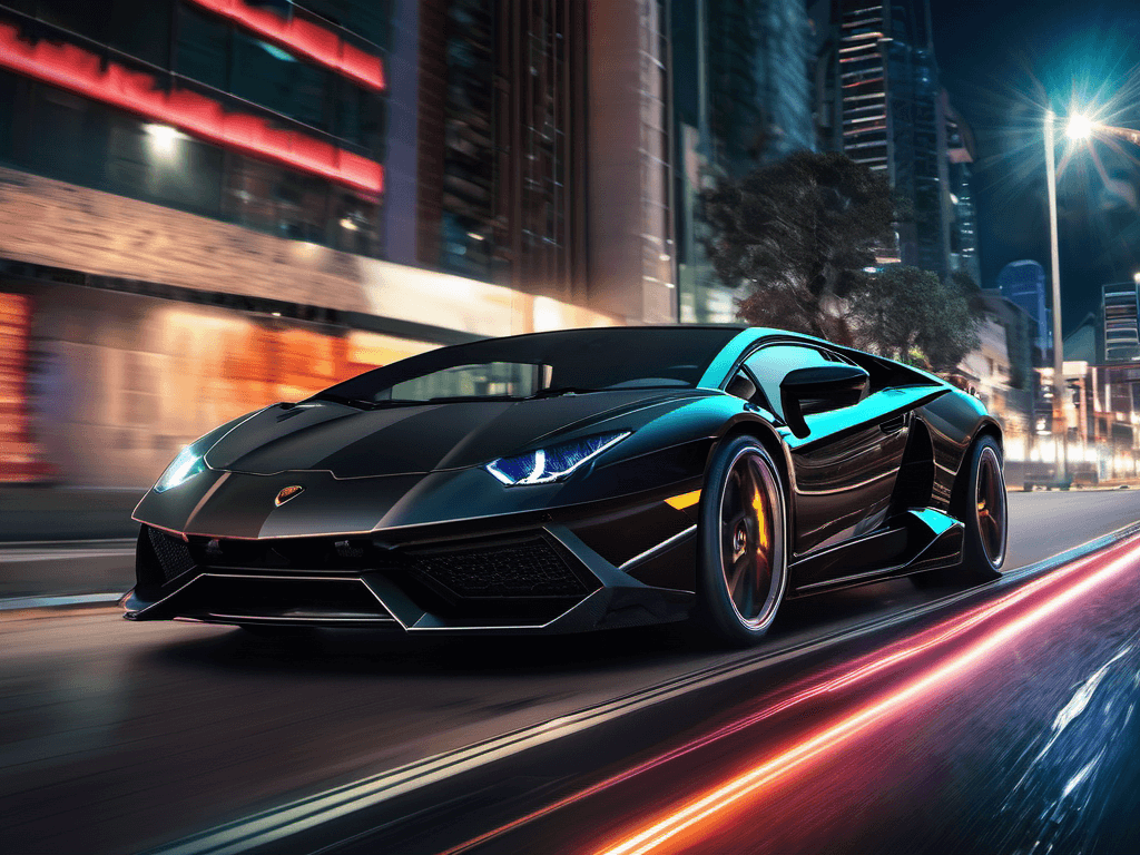 AI generated: incredible full shot of beautiful black lamborghini, centered, beautiful night background, neon ligh...