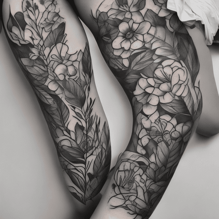AI generated: Thigh tattoo, flowers, snakes, black and white, leaves with black fill, smooth transitions, floral p...