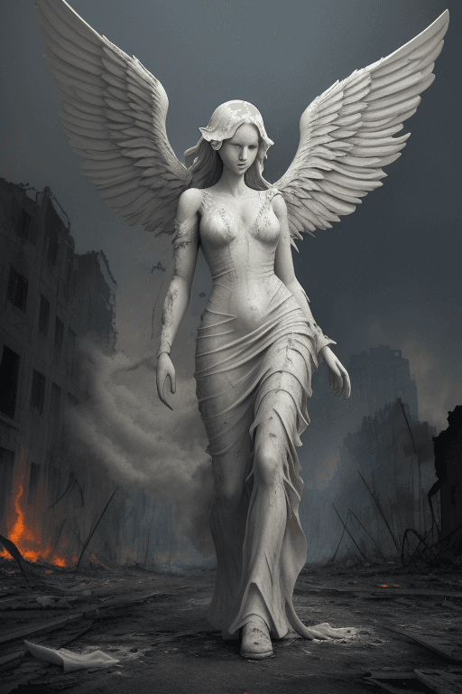 AI generated: (front view:1.2) of a graceful female angel, large white wings folded down, sad, intricate white dre...