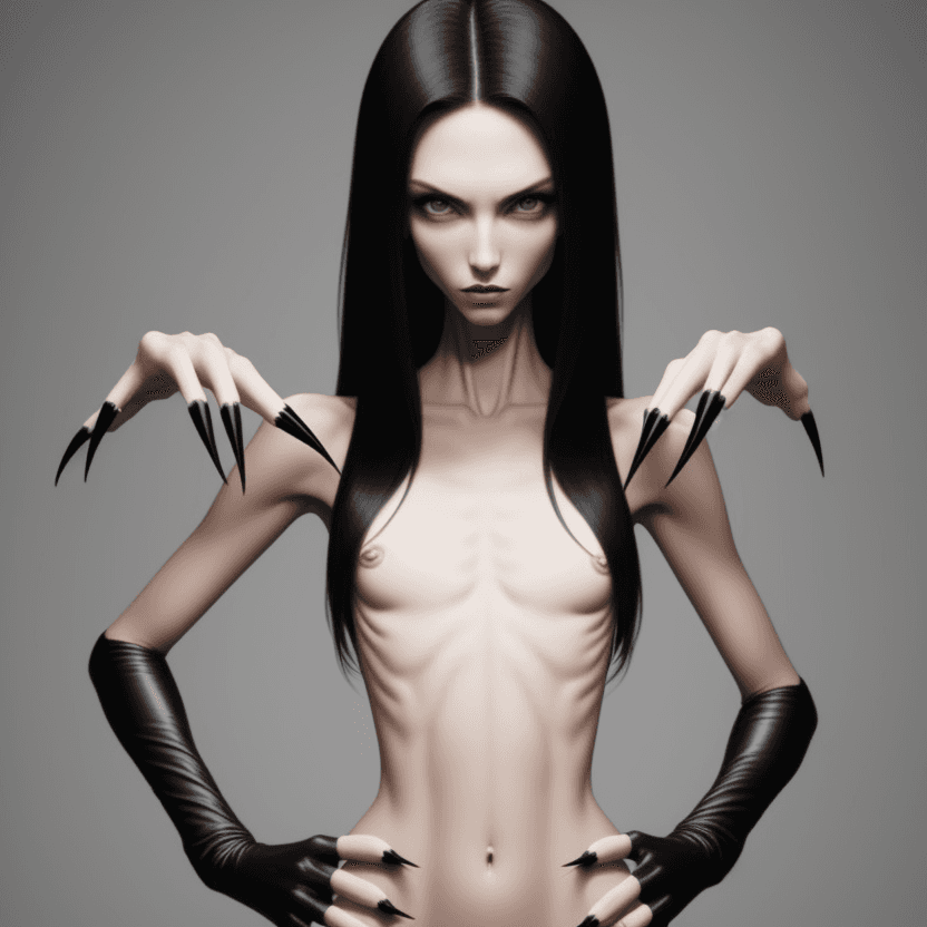 AI generated: photo of face an extremely skinny, flat-chested models with long black curved fingernails, claws,