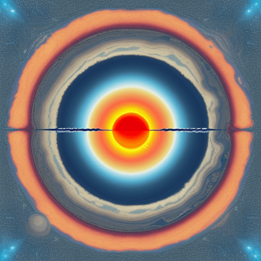 AI generated:   RV motorhome stands on the beach, looking at Sun in space, a huge planet with fire rings and magma...