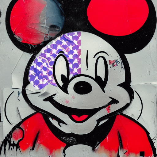 AI generated: Ultra detailed medium portrait painting, Mickey Mouse, torn up american flag background, punk visual...