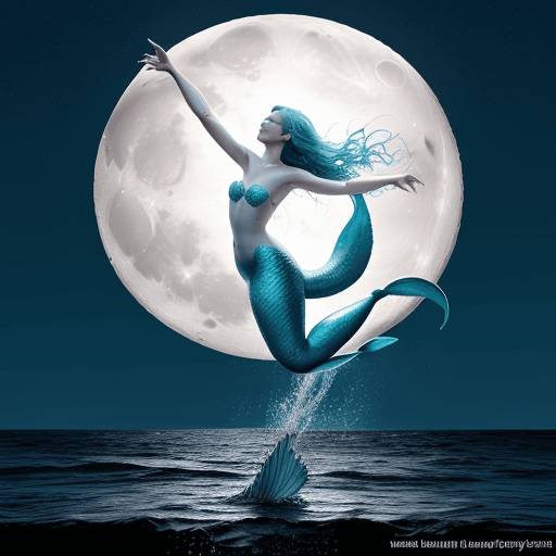AI generated: Mermaid jumping out of water with a full moon in the background. Water streams and water droplets fo...