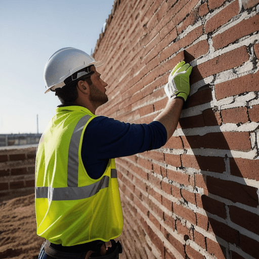 AI generated: Ultra-realistic photograph of a contemporary worker in Spain, building a brick wall on a modern cons...
