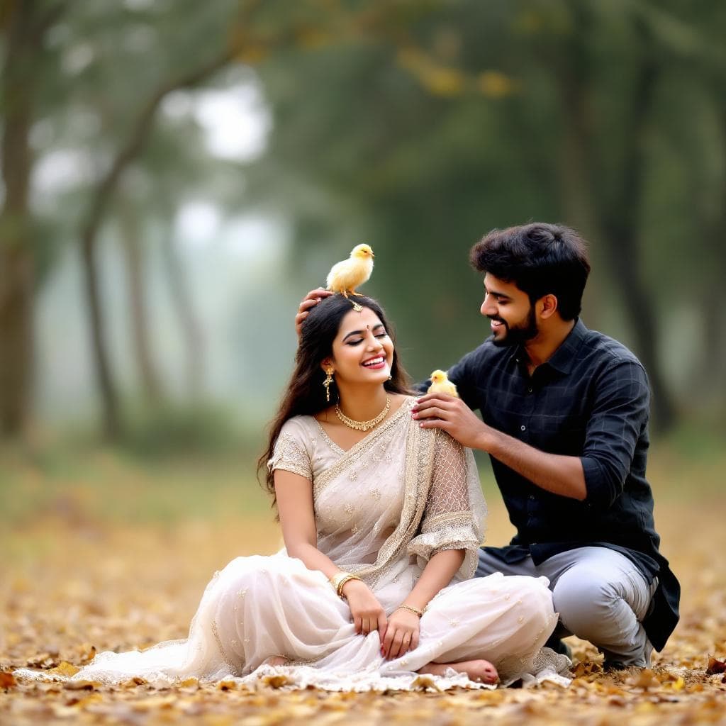 AI generated: A playful outdoor moment in a soft forest setting. A young South Indian couple is sitting on the dry...