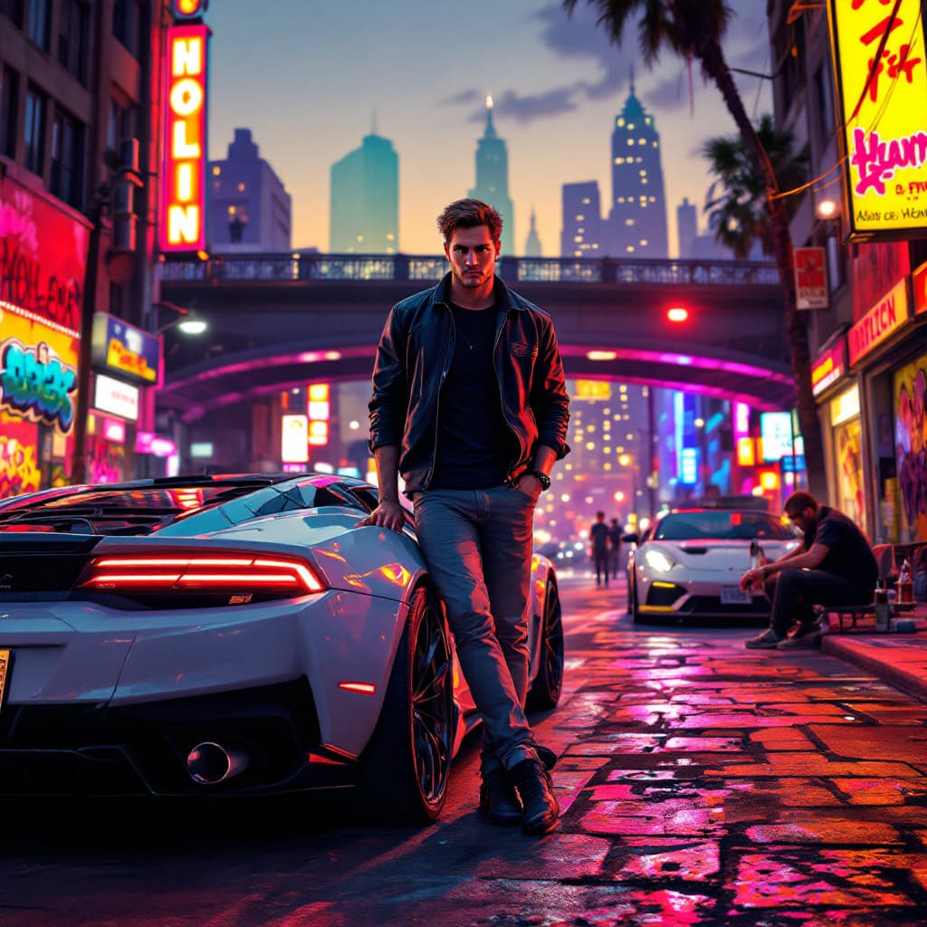 AI generated: A mysterious Grand Theft Auto style scene, digitally rendered. A vibrant urban environment, full of ...