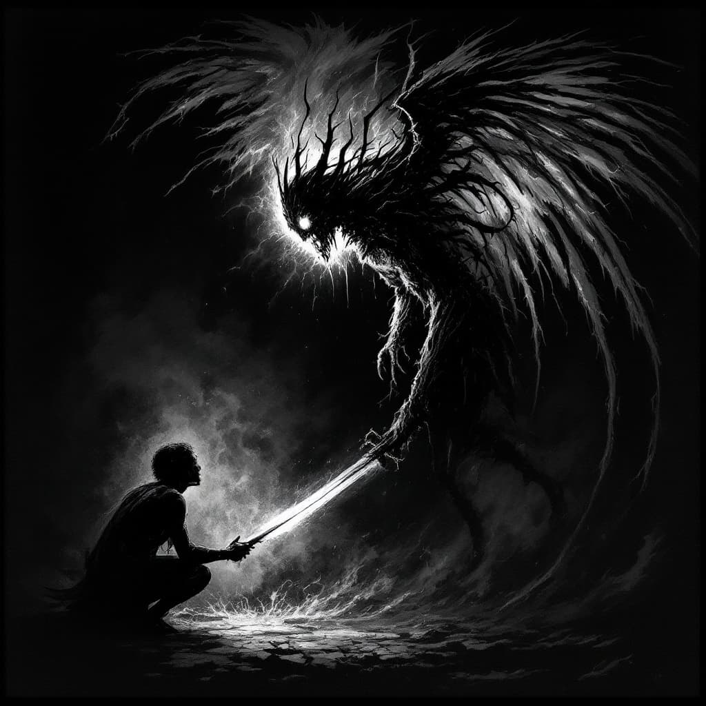 AI generated: A dark and macabre 9:21 portrait depicting a side-view of a twisted, abominable angel, wielding a sw...