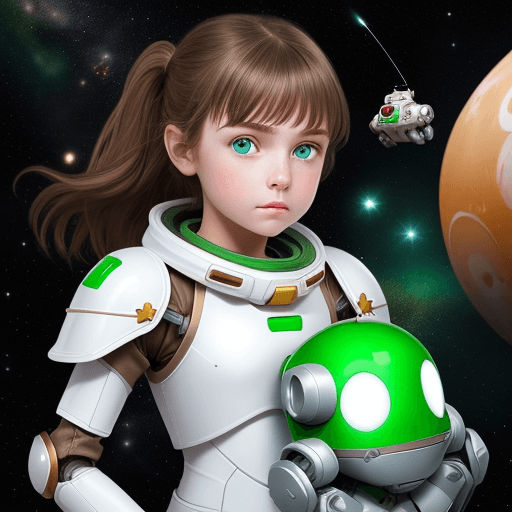 AI generated: Girl in white armor, brown hair, green eyes, floating in space with her small robot friend.